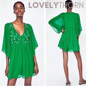 ZARA // flowy embroidered sequin bead batwing polka dot romper